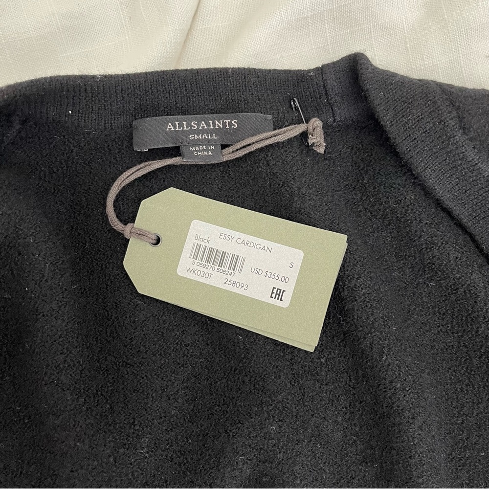 ALLSAINTS All Saints Essy Leather Cuff Trim Merino Wool Black Sweater Cardigan - Picture 6 of 12
